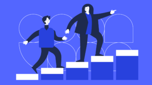 ilustración de apoyo económico a estudiantes. una persona guía a un estudiante por una escalera hacia arriba.