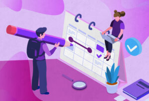 ilustración de un alumno sosteniendo un lápiz gigante y una alumna sentada sobre un calendario.