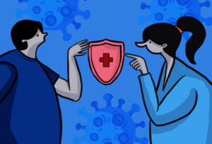 Ilustración de dos personas, chico y chica, todo en tono azul. Al centro destaca un escudo rojo bien claro con una cruz roja.