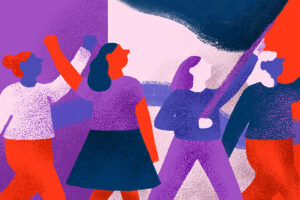 Ilustración de 4 mujeres marchando con el puño en alto, una lleva una bandera. Todo está en tonos morados y rojos