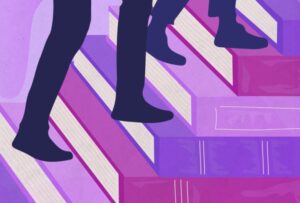 Ilustración en la que se ven libros usados a modo de escalera. En un plano cercano, se ve las piernas de dos personas que los usan para subir. El plano de la ilustración se corta en sus rodillas. Todo está en tonos de morado.