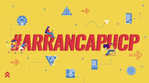 "#ArrancaPUCP" en letras rojas sobre fondo amarillo