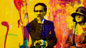 Foto composición de César Vallejo en la clásica pose sentado y con el mentón apoyado en la mano izquierda, junto a su esposa Georgette. La foto está intervenida con colores cálidos: amarillo, naranja y rojo.