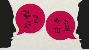 ilustración: dos siluetas de cabezas negras contra fondo blanco están de perfil, viéndose mutuamente. cada una tiene cajas de diálogo itpo historietas de color fucsia en las que se ven íconos de teatro, escritura, pintura, etc.