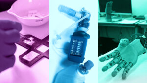 Composición de tres imágenes de los inventos Nariz electrónica, ventilador mecánico y prótesis de mano