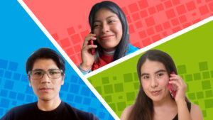 Dos alumnas y un alumno hablando por celular en una fotocomposición cada uno en un fondo celeste, rosa y verde.