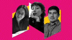 Composición de fotos de dos alumnas y un alumno. Fondo magenta