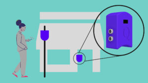 Imagen en vector de una mujer entrando al banco y en la entrada hay un dispositivo que le mide la temperatura