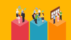 Ilustración donde hay tres torres: roja, celeste y naranja. Sobre las torres personas haciendo actividades de investigación en distintos campos. El fondo es amarillo .