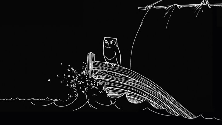 Ilustración de un barco y en la proa un buho, en un fondo negro.