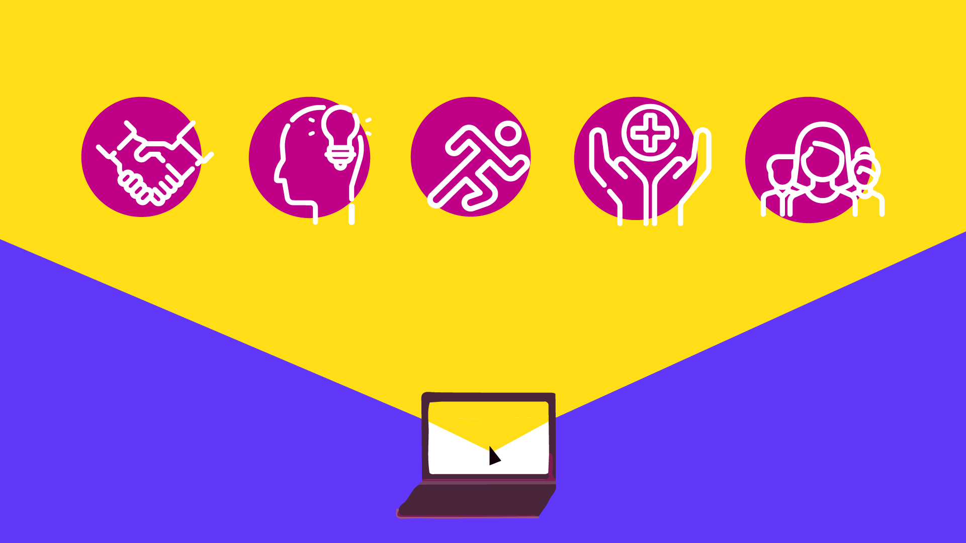 ilustración con 5 íconos de deporte, bienestar, salud alumnos, saliendo de una laptop. Fondo amarillo y azul