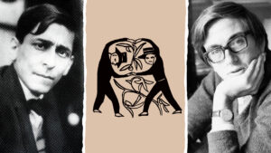 Composición de fotos en blanco y negro de José Carlos Mariátegui a la izquierda y Alberto Flores Galindo. En el medio de ambas fotos está una ilustración de dos campesinos con los brazos enlazados y espigas entre ellos.