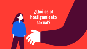 En la imagen, una ilustración de fondo rojo, aparece una mujer con ropa azul frente a una gran mano que se acerca a ella.