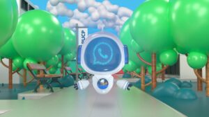 Ilustración en 3D. Se ve una vereda rodeada de árboles y, al centro, destaca un robot blanco que levita en el aire, sin piernas. Su cabeza es su parte más grande, es redondeada y tiene nua pantalla en la que se ve el ícono de watsapp. En su torso, más pequeño, lleva el símbolo de la PUCP (el barquito en el mar)