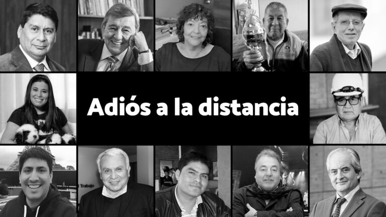 Collage de fotos de 12 personas en blanco y negro. Al centro, en letras blancas sobre fondo negro, dice "Adiós a la distancia"