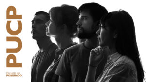 fotocomposición. En blanco y negro se ve a 4 jóvenes (2 hombres y 2 mujeres) viendo hacia el horizonte. En letras doradas, a la izquierda, dice Escuela de Posgrado PUCP