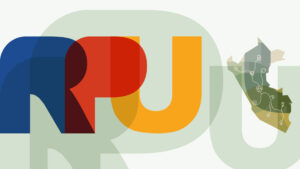 Logo de la RPU (R azul, P roja y U amarilla) junto a un mapa del perú en color verde