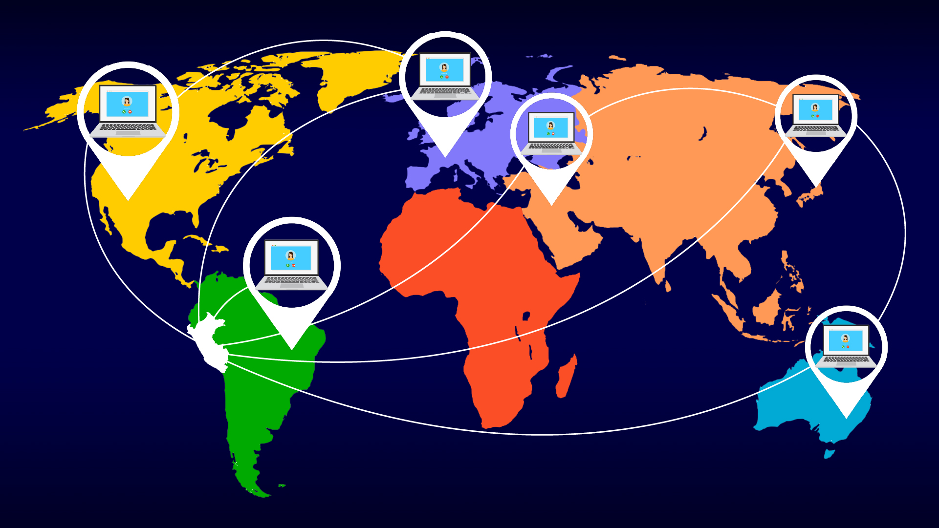 mapa mundi con ilustraciones de laptops interconectadas