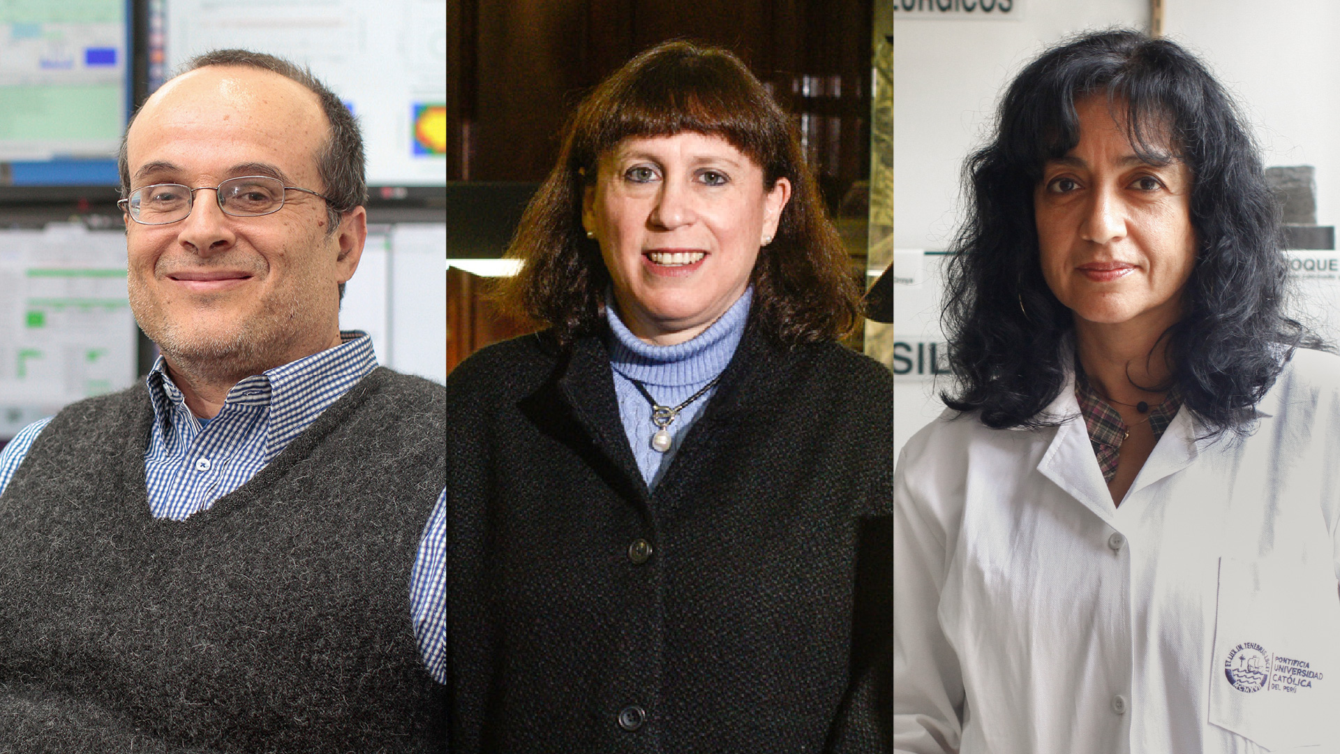 Imagen dividida en tres con la foto de Dr. Alberto Gago, Dra. Luisa Vetter y Dra. Silvia Rosas son los docentes PUCP en la Academia Nacional de Ciencias