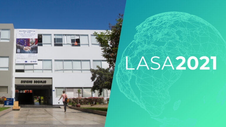 Fotocomposición con la fachada de la Facultad de Ciencias Sociales PUCP y el logo de LASA2021 (tipogra´fia blanca sobre fondo verdeagua)