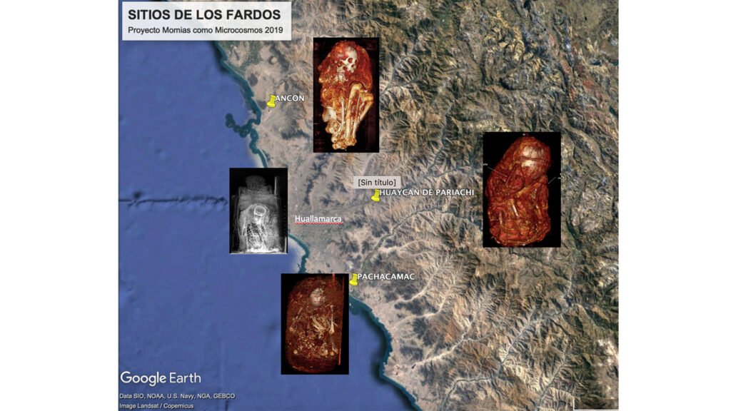 Imagen de Google Earth con la ubicación de fardos funerarios en Pachacamac y Ancón
