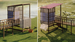 Diseño del módulo de baño que incorpora un sistema de almacenamiento de agua de lluvia en hileras de tubos de PVC y un sistema de baño seco.