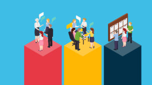 Ilustración donde hay tres torres: roja, celeste y naranja. Sobre las torres personas haciendo actividades de investigación en distintos campos. El fondo es celeste.