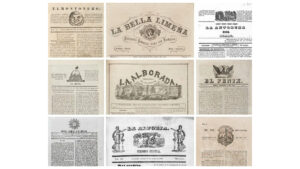 Portadas en blanco y negro de periódicos antiguos digitalizados, los cuales estuvieron en circulación en diversas regiones del país: El Montonero, La Bella Limeña, La Antorcha, El Misti, La Alborada, El Fénix, Sol del Cuzco, La Alforja, El Sol del Perú.