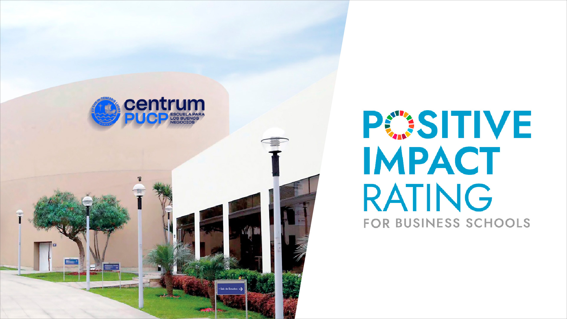 Fotocomposición: A la izquierda la fachada de centrum, a la derecha, el logo "positive impact rating"