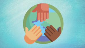 Ilustración de tres manos sobre un planeta tierra