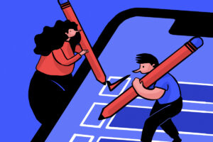 Ilustración: se ve a dos jóvenes con lápices gigantes marcando checks en