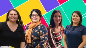 En un fondo de colores están de izquierda a derecha las profesoras Patricia Ames, Yolanda Rodríguez, Liza Cabrera e Iris Jave