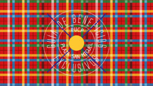 Portada de la cuponera de descuentos. Trama a cuadros y en el centro resalta "cuía de beneficios exclusivos pucp - plaza san miguel