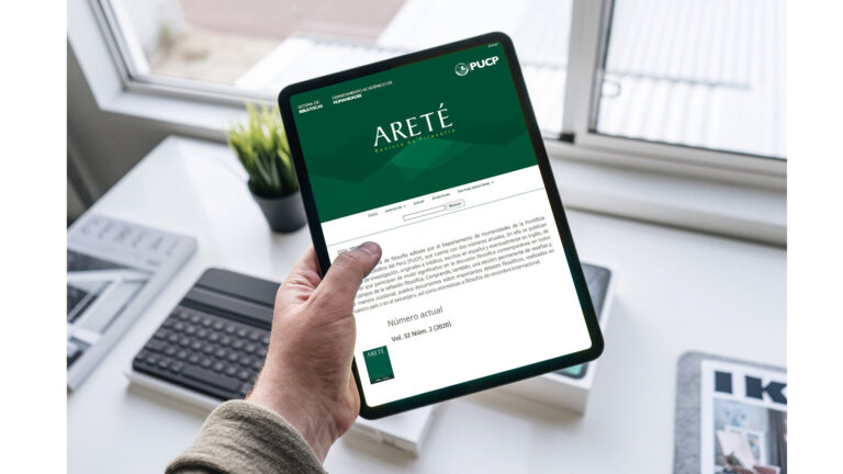 imagen de una tablet y en la pantalla se ve la revista de filosofía Areté de color verde