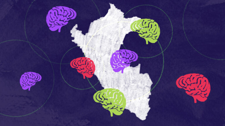 Ilustración de mapa del perú y cerebros de colores flotando encima