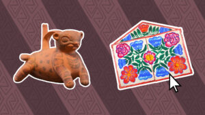 Imagen de una escultura prehispánica en forma de jaguar y un retablo ayacuchano.