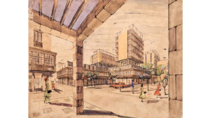 Dibujo de perspectiva apmlia desde una esquina, perspectiva de un peatón, de unas calles y edificios en tonos cálidos.