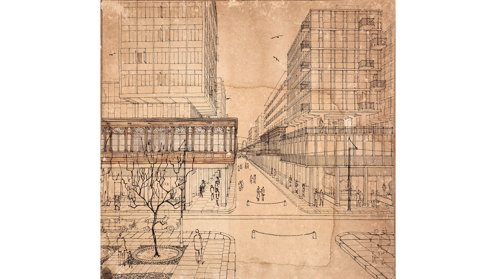 Dibujo de perspectiva amplia de unas calles y edificios en tonos cálidos. EL punto de vista es desde el aire