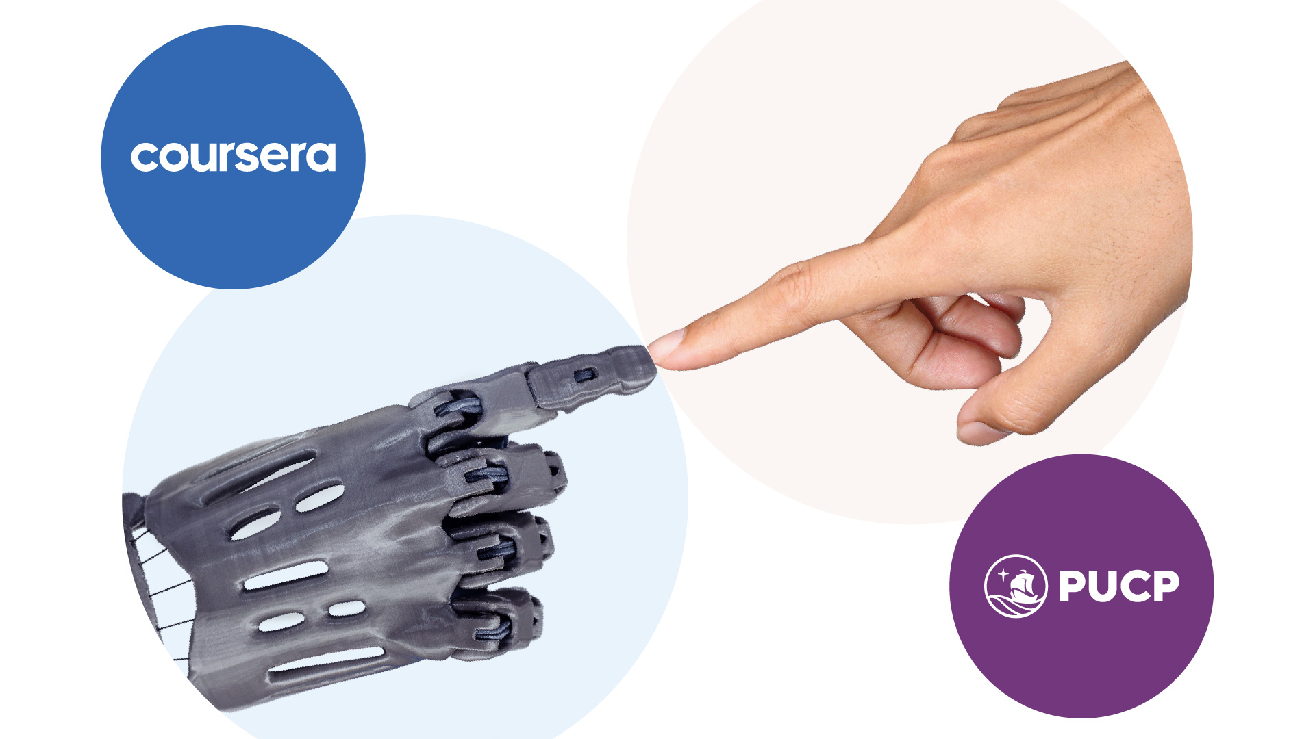 Fotocomposición que simboliza la alianza PUCP - Coursera: una mano robótica junta su índice con una mano humana