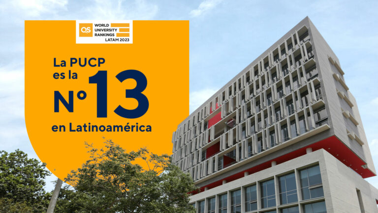 fotocomposición con el logo rankg qs latinoamérica: "La PUCP es la N°13 en Latinoamérica", junto a un un edificio moderno