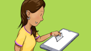 eleccion de representantes estudiantiles pucp: ilustración de una mujer joven depositando un voto en un ánfora a través del celular