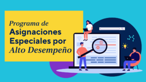 Ilustración que dice Programa de Asignaciones Especiales por Alto Desempeño PUCP y tiene a tres profesores en una computadora grande