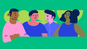 ilustración que grafica la diversidad en la PUCP: cuatro personas jóvenes con distintos tonos de piel, ropa y cortes de cabello. todos sobre un fondo verde.