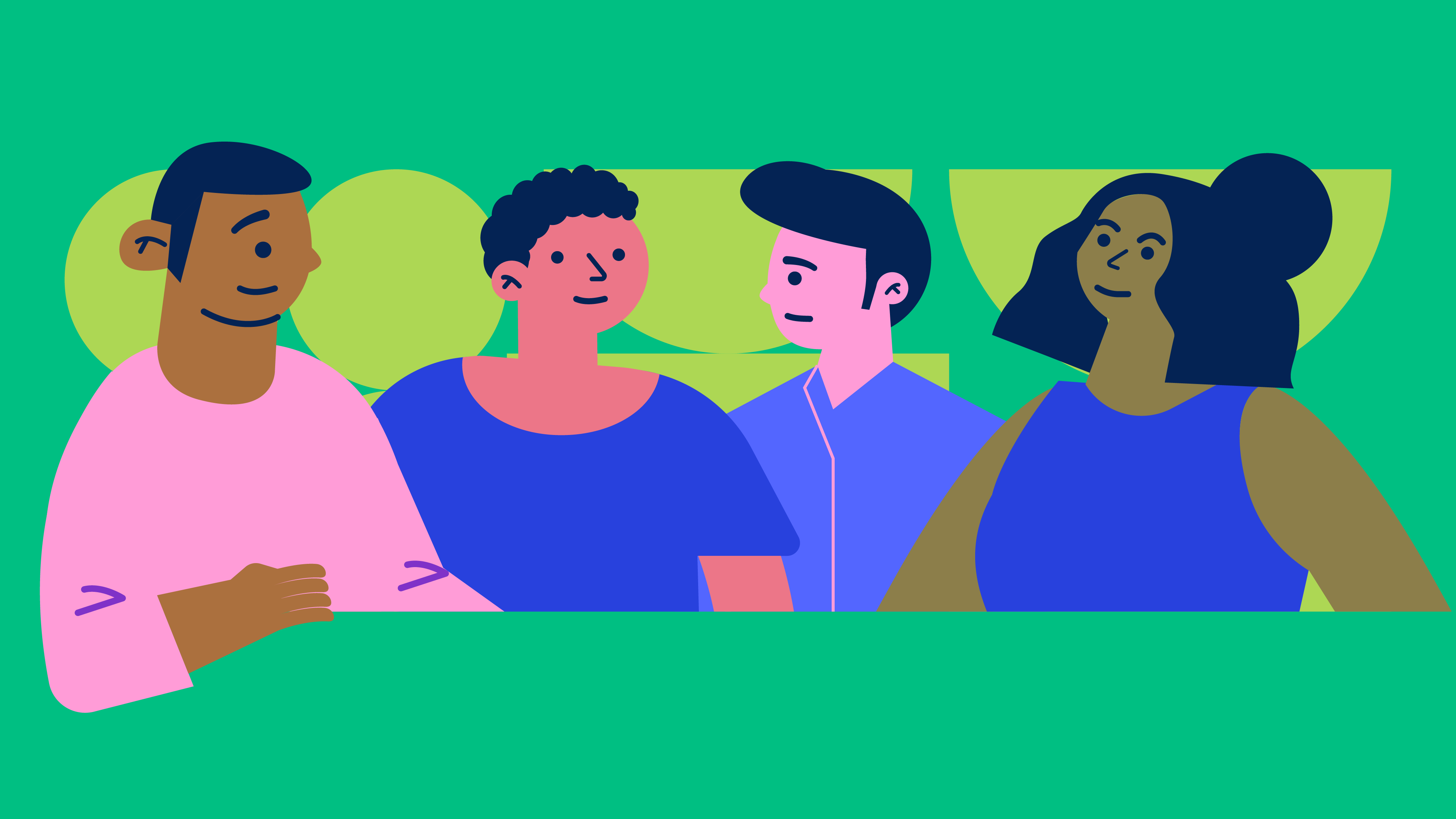 ilustración que grafica la diversidad en la PUCP: cuatro personas jóvenes con distintos tonos de piel, ropa y cortes de cabello. todos sobre un fondo verde.