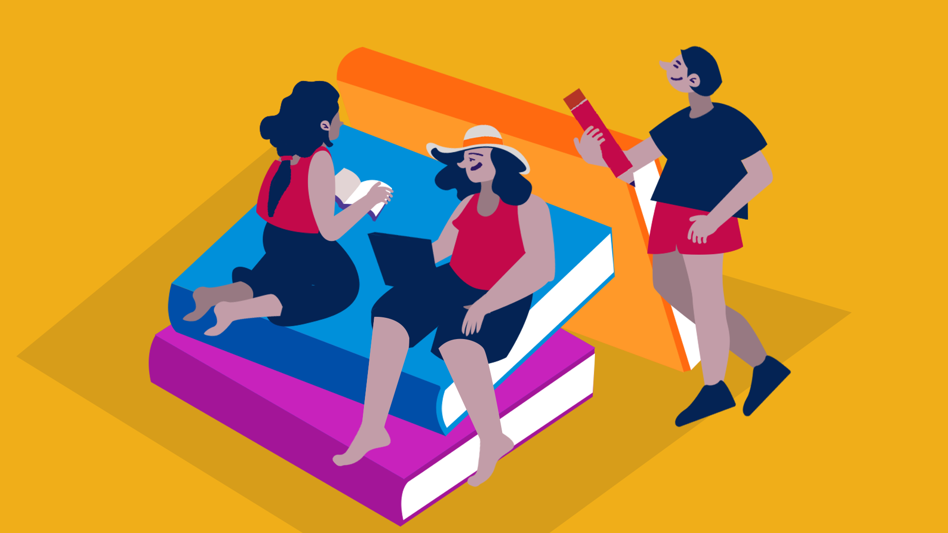ilustración sobre servicios disponibles el ciclo de verano pucp: 3 estudiantes sentados sobre libros