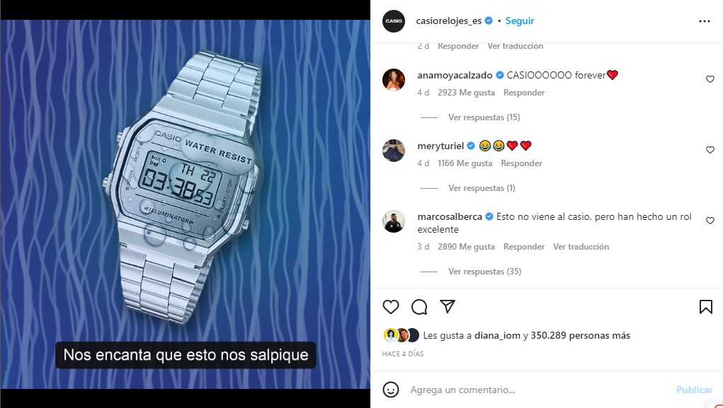 Imagen de Casio en Instagram: publicación alusiva a la canción de Shakira. Se ve un reloj Casio con unas gotas de agua y el texto "nos encanta que esto nos salpique". Los comentarios en la publicación son positivos.