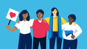 Ilustración de diversidad: cuatro personas abrazadas sobre fondo celeste. Una de ellas sostiene un cartel con un corazón rojo sobre fondo blanco, y otra tiene un altavoz celeste.