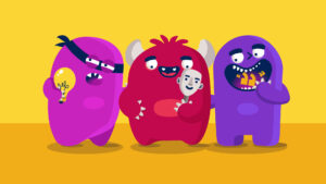 copia, plagio y suplantación: ilustración de tres monstruos tiernos de colores fucsia, rojo y morado sobre fondo amarillo