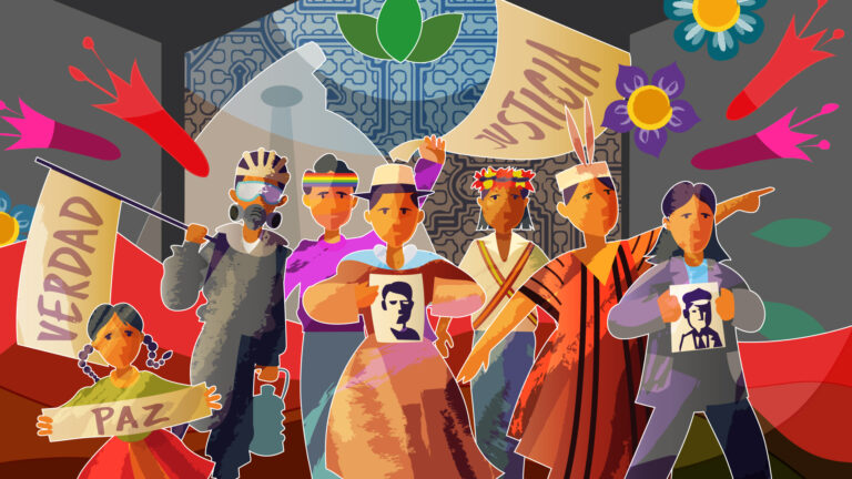 Ilustración del Encuentro de derechos humanos. Se ve el dibujo de 6 personas con vestimentas de diferentes regiones del país - sierra, selva, costa-con carteles que dicen "paz", "verdad", "justicia"
