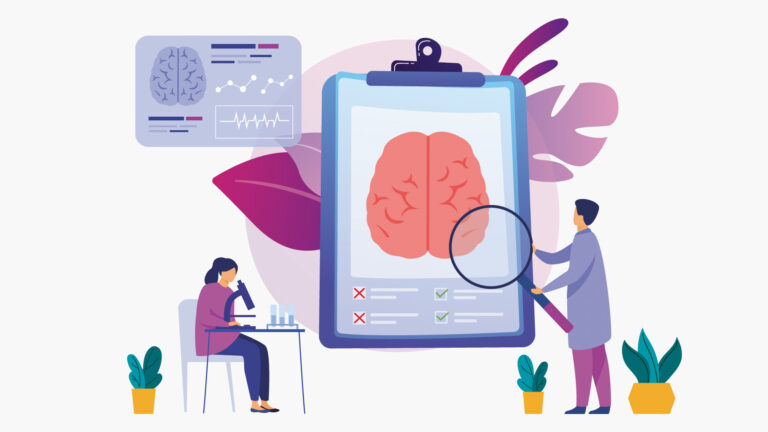 Gráfica estudio de salud mental pucp 2023: una ilustración con 2 jóvenes en miniatura observan un cerebro que está en una tablet